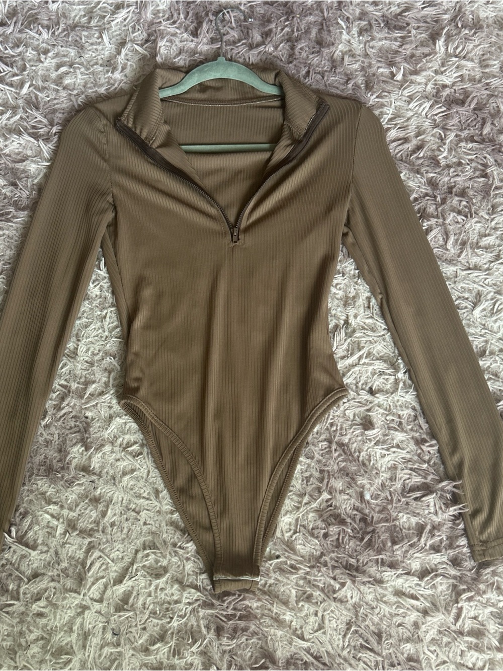 SHEIN Olive Brown Ribbed Long Sleeve Zip Front Bodysuit